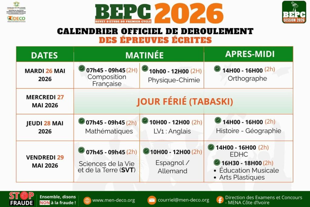 calendrier-épreuves-ecrites-bepc-2026