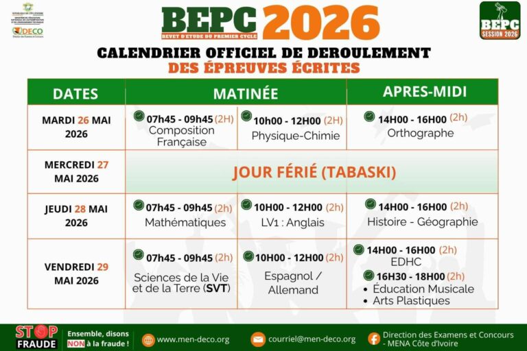 calendrier-épreuves-ecrites-bepc-2026