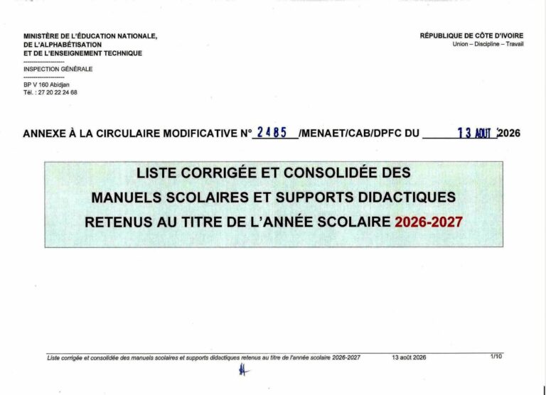 liste des manuels scolaires rentrée 2026-2027 cote d'ivoire